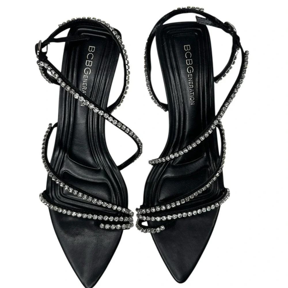 BCBGeneration Ilta Rhinestone Embellished Strap Black Heels Sandals. 7.5